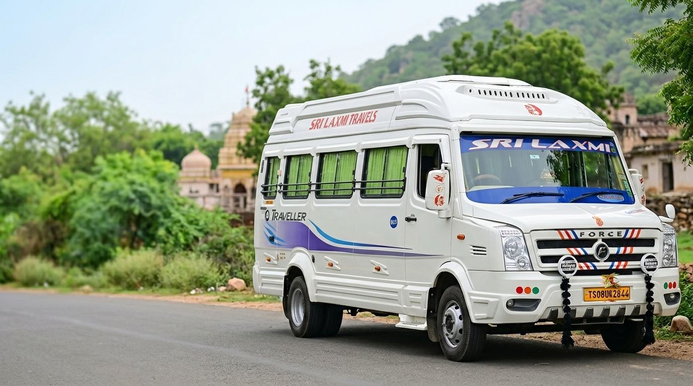 Sri Laxmi Travels Force Traveller tempo traveller parked near a temple